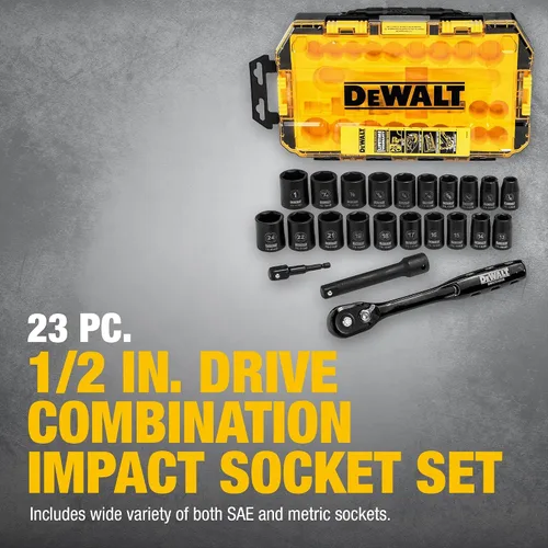 Vista 7 de DEWALT - Juego de llaves de impacto con carraca, métrica/SAE, 1/2" de transmisión, juego de 23 piezas con estuche (DWMT74739)