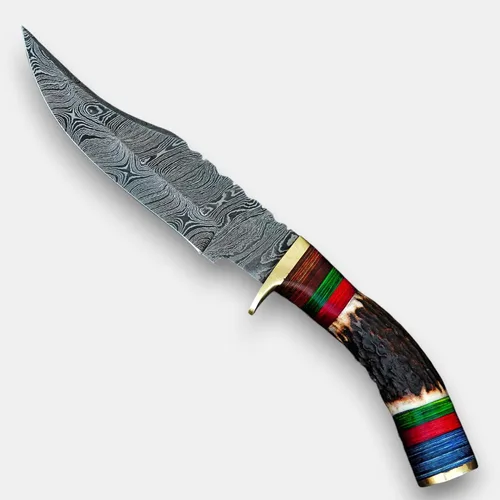 Vista 2 de Rait tail Hecho a mano forjado a mano Damasco caza/desollar cuchillo Stag/asta mango con funda