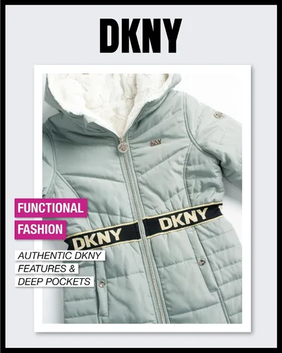 Vista 5 de DKNY Chaqueta reversible con capucha para niñas, abrigo acolchado de nailon o forro de sherpa