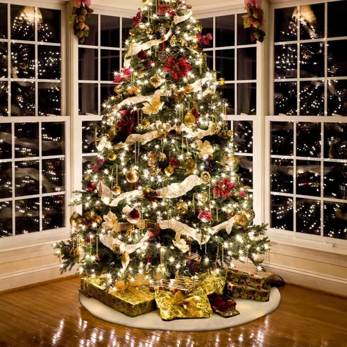 Vista 2 de Falda de árbol de Navidad con luz LED de 30 pulgadas, falda de árbol de piel sintética de felpa blanca, falda redonda iluminada para árbol