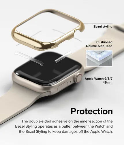 Vista 6 de Ringke Estilo de bisel [elegante marco de acero inoxidable] compatible con Apple Watch Series 9, 8, 7 (1.772 pulgadas), protector antiarañazos, Oro