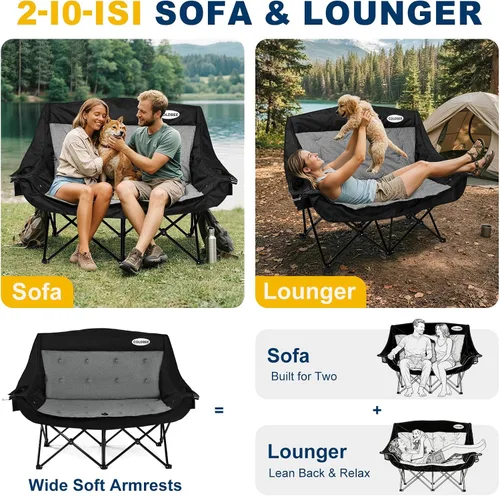 Vista 4 de Silla de camping doble acolchada para 2 personas, acolchada resistente