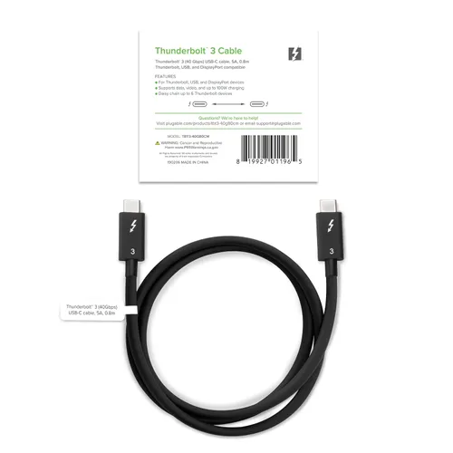 Vista 7 de Plugable Cable Thunderbolt 3 de 40 Gbps soporta carga de 100 W (20 V, 5 A), 2.6 pies / 31.5 in certificado por Thunderbolt, compatible con USB C