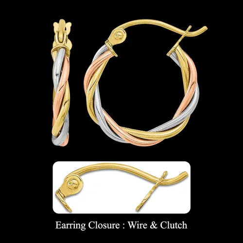 Vista 5 de Diamond2Deal Aretes de aro trenzados de oro tricolor de 10 quilates, para mujer (L-0.641in, W-0.579in), Metal