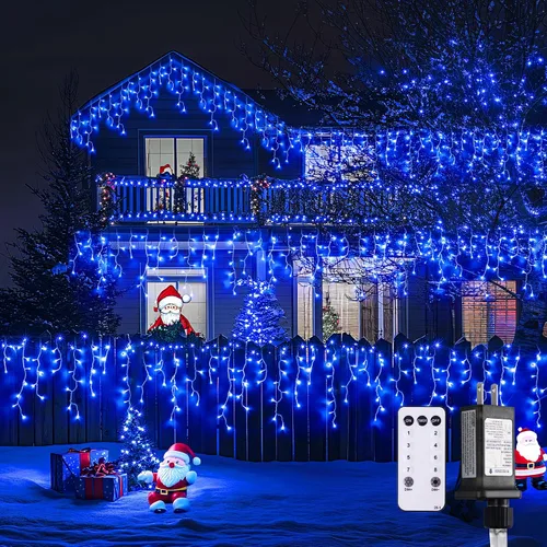 Vista 29 de JMEXSUSS 400 luces LED de Navidad de carámbano de 38.8 pies con control remoto, tira de luces multicolor para exteriores enchufables, 8 modos