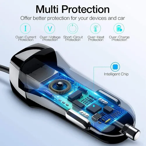 Vista 4 de Cargador de coche para iPhone, 3.6A/18W, cable en espiral integrado de 4.9 pies, adaptador de enchufe de encendedor de cigarrillos de carga rápida