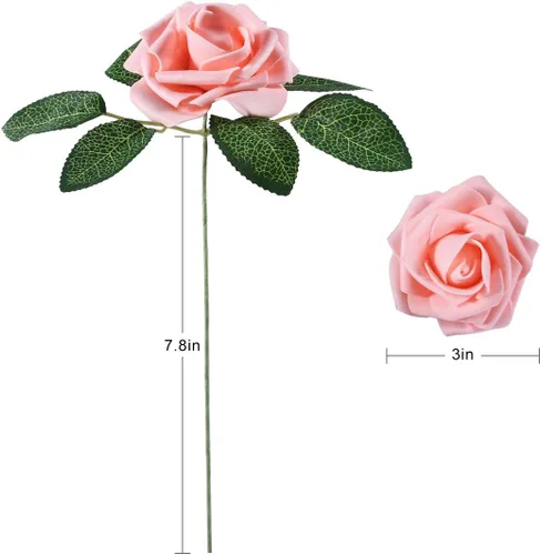 Vista 4 de Flores de rosas artificiales rosas, 56 piezas de espuma con tallo doblable y hojas extraíbles, decoración de rosas de tacto real para bodas, ramos