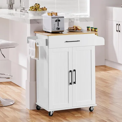 Vista 2 de Topeakmart Carrito de isla de cocina con armario de almacenamiento y 1 cajón, carrito de cocina rodante con toallero y estante para especias