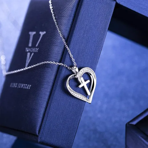Vista 6 de MISSLAN Collar de cruz para mujer de plata de ley 925, collar de cruz de corazón para mujer, colgante de cadena para mujer, Plata