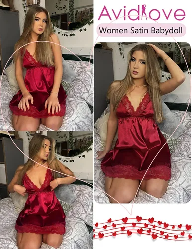 Vista 3 de Avidlove Camisón de encaje para mujer, camisón de satén, lencería sexy, cuello en V, ropa de dormir