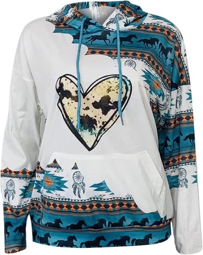 Vista 4 de Ceboyel Women Western Aztec Hoodies Drawstring Sweatshirt Pullover Ethnic Vintage Graphic Shirts Tops Causal Fall Clothes