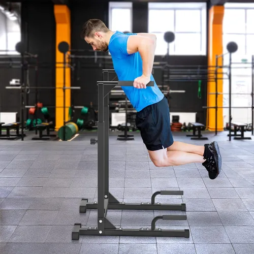 Vista 7 de SELEWARE Adjustable Dip Bar Station, Home Gym Dip Stand T Base with Rubber Feet, Anti Slip Design, Push Up Handles, Adjustable Width & Height