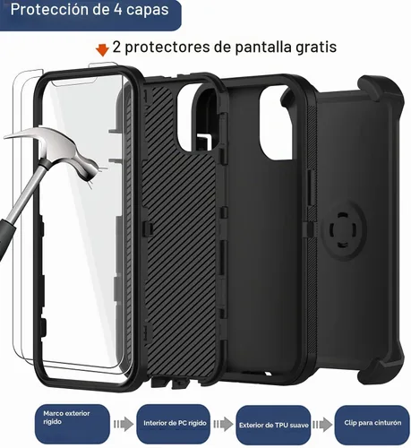 Vista 3 de Funda para iPhone 11 Pro Max con funda de clip para cinturón, 2 protectores de pantalla, protección contra caídas de grado militar, cuerpo completo