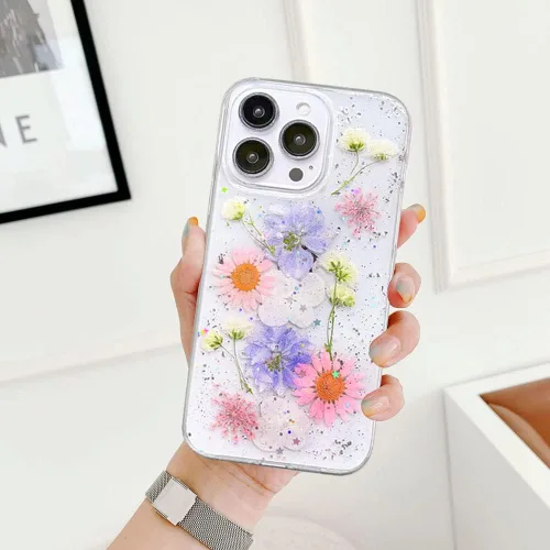Vista 2 de Abbery Funda diseñada para iPhone 13 Pro con diseño de flores prensadas con purpurina y diseño de goma de silicona suave, diseño de flores reales