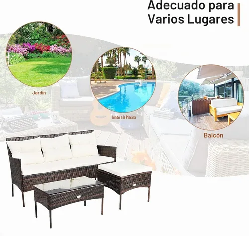 Vista 9 de RELAX4LIFE Juego seccional de muebles de patio de 3 piezas, conversación de mimbre de ratán con 5 cómodos cojines de asiento y respaldo, mesa