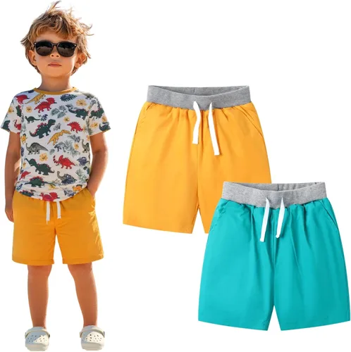Vista 11 de HILEELANG Pantalones cortos chinos de verano para niños pequeños, de algodón, elásticos, con cordón, para uniforme escolar, 2 unidades 2401#bluekhaki
