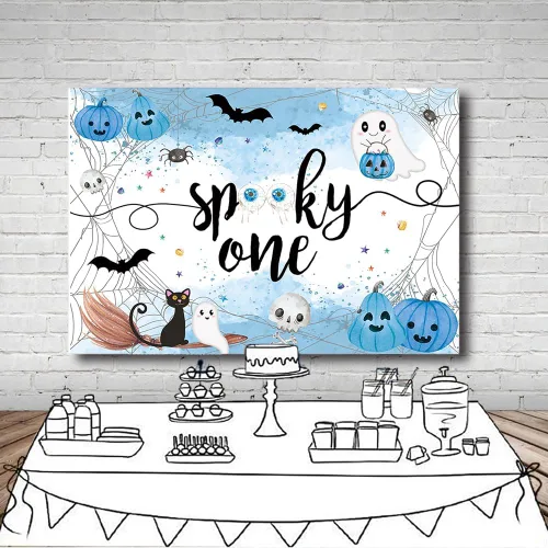 Vista 4 de MEHOFOND Fondo espeluznante de Halloween de 7 x 5 pies, fondo azul acuarela Little Boo Baby Shower para niños, telaraña de murciélago, calabaza