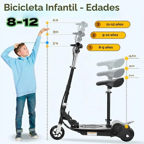 Vista 7 de Electric Scooter with Seat, Adjustable Height for Kids Ages 6-12, up to 10mph ＆ 155lbs Max Load, Removable Seat 2 Riding Styles Negro