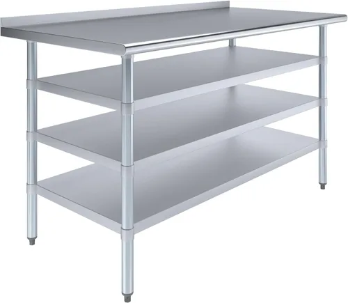 Vista 9 de Mesa de trabajo de acero inoxidable con protector contra salpicaduras de 1.5 pulgadas y 3 estantes, mesa de metal para preparación de alimentos
