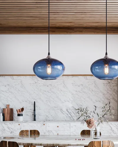 Vista 2 de Iluminación Colgante para Isla de Cocina de Cristal Azul Moderno Lámpara Colgante con Burbujas Texturizadas Sobre Fregadero 9.4 Pulgadas de Diámetro