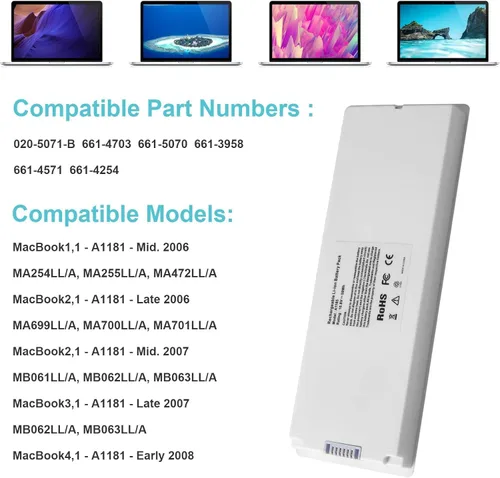 Vista 4 de Batería A1181 mejorada compatible con Apple MacBook A1185 de 13 pulgadas