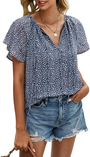 Vista 3 de Mansy - Blusas sueltas de verano con cuello en V y estampado floral para mujer