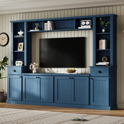 Vista 9 de Merax Minimalist 103" Entertainment Wall Unit Set with Overhead Bridge for TVs Up to 75", Modern Large Media Console with Adjustable Shelves, Ample