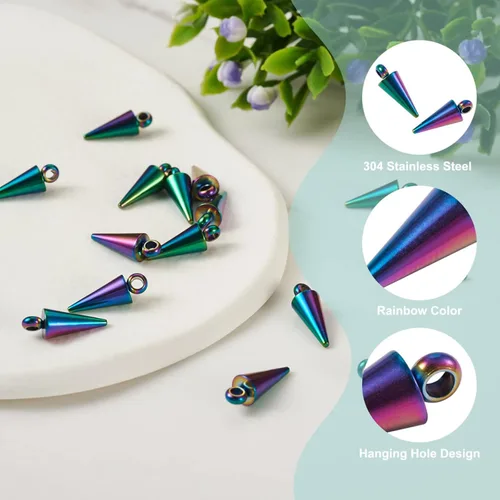 Vista 6 de 20 dijes de arco iris con forma de cono de acero inoxidable 304, cuentas de pico de bala, dijes góticos para mujeres y hombres, aretes de aro