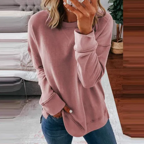 Vista 2 de Sudaderas de ajuste holgado, sin capucha, para mujer, cuello redondo, rayas, bloque de color, manga larga, sin botones, camisetas