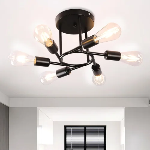 Vista 8 de Finktonglan Lámpara de techo semiempotrada de 3 luces, lámpara de techo Sputnik negro mate, lámpara moderna de granja E26 para cocina, dormitorio