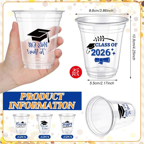 Vista 3 de Eaasty 200 tazas de graduación de 12 onzas 2026 vasos de plástico desechables para la clase de 2026, fiesta de graduación, felicitaciones, Azul
