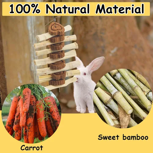 Vista 6 de 4 juguetes masticables de conejito para rechinar los dientes, juguete colgante de bocadillo de conejo natural, palitos de bambú dulce, zanahoria