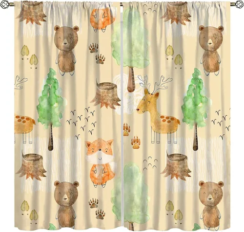 Vista 23 de YCness Cortinas para niños y niñas, diseño de animales de la selva, bosque de otoño, dibujos animados, ciervos, conejos, zorros, búhos, cortinas