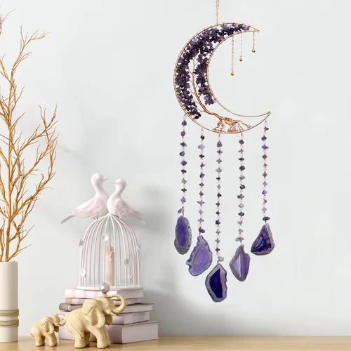 Vista 9 de Campanillas de viento de luna con árbol de cristal hecho a mano para decoración de pared del hogar, decoración de pared de dormitorio, decoración