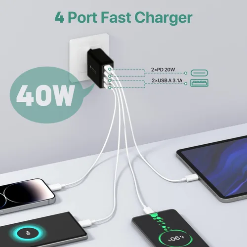 Vista 2 de Cargador de pared USB C, bloque cargador USB C de 4 puertos de 40W, bloque de carga rápida puerto dual PD+QC enchufe de pared multipuerto tipo C