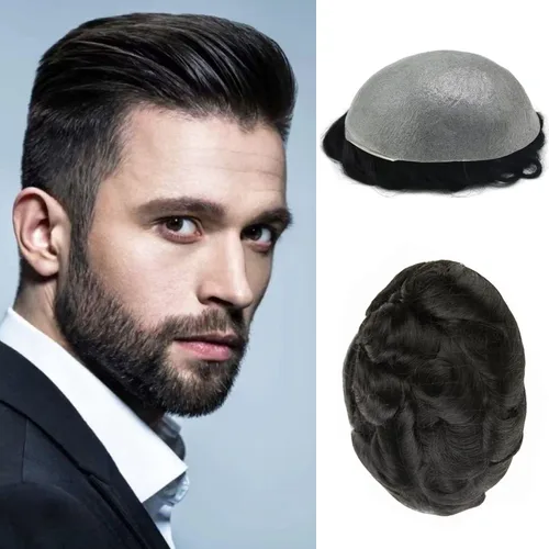 Vista 23 de Pieza de pelo para hombre, sistema de reemplazo de cabello de piel ultra fina para hombres, pieza de pelo de tupé para hombres, cabello humano real