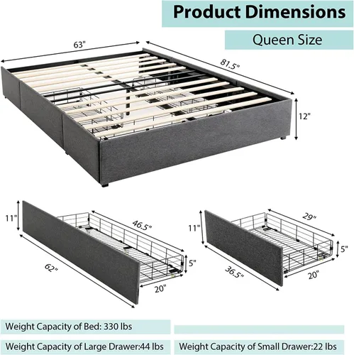 Vista 2 de KOMFOTT Base de cama tamaño Queen con 3 cajones, plataforma tapizada de tela, base de colchón con soporte de listones de madera, no necesita somier
