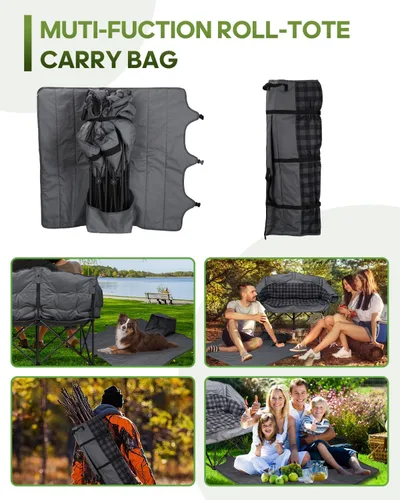 Vista 9 de Silla de campamento doble acolchada, sofá de campamento de gran tamaño para 2 personas con bolsa de transporte 2 en 1, silla de césped plegable Gris