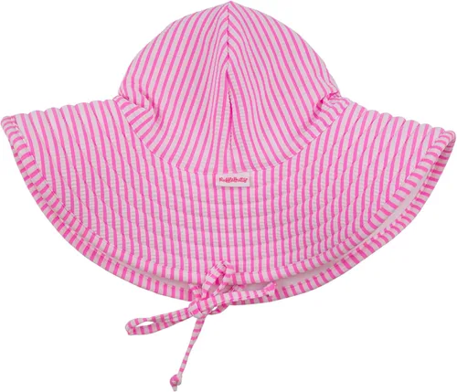 Vista 6 de RuffleButts® - Sombrero de playa con visera ancha y protección solar UPF 50+ para bebés y niñas 80% Nylon 20% Spandex, Reversible Polka Dots Banana