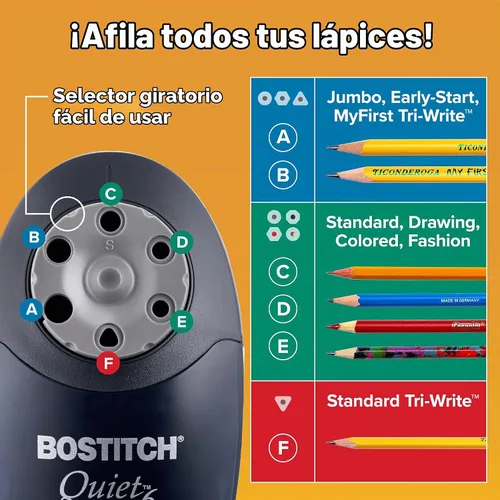 Vista 3 de Bostitch Office QuietSharp 6 sacapuntas eléctrico, sacapuntas de aula resistente, selector de tamaño con 6 tamaños diferentes, para lápices