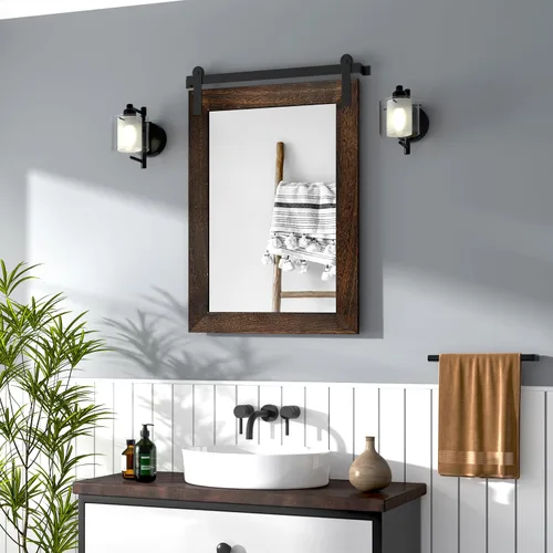 Vista 71 de COGOOD Espejo de puerta de granero de granja, 25 x 18 pulgadas, espejo decrativo con marco de madera rústica para baño, sala de estar, decoración