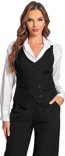 Vista 4 de Foucome Chaleco de traje para mujer con doble botonadura con cuello en V a la moda, elegante chaleco casual para mujer
