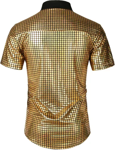Vista 3 de JOGAL Camisa de vestir para hombre de lentejuelas plateadas manga corta botones hacia abajo de los años 70