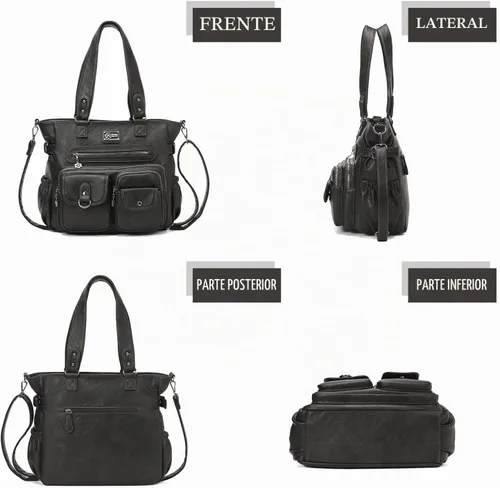 Vista 5 de KL928 Bolsos grandes para mujer, bolso de hombro, bolso de mano, elegantes bolsos Hobo de cuero vegano para señoras, A-Negro-4 01-gris carbón