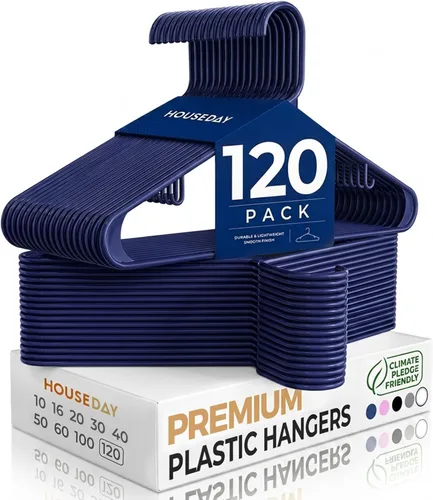 Vista 25 de HOUSE DAY Paquete de 10 perchas de plástico color negro, perchas de plástico con ganchos integrados, percha duradera y fuerte para armario, ahorro