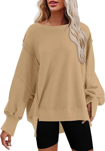 Vista 16 de SHEWIN Sudadera casual de gran tamaño de manga larga con costuras inversas y cuello redondo para mujer Un negro