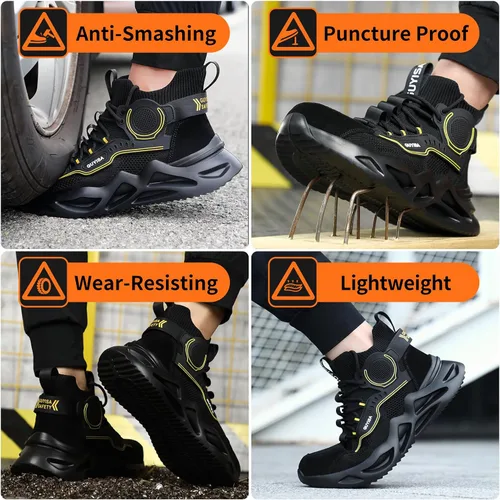 Vista 6 de LAoutun Zapatos de punta de acero para hombre, zapatos de construcción industrial, de corte medio, botas industriales, zapatos de trabajo cómodos