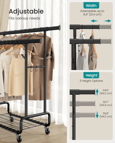 Vista 4 de SONGMICS Perchero de Ropa, Perchero de Ropa Rodante de Servicio Pesado con Ruedas, Barras Colgantes Dobles Extensibles y Altura Ajustable, Portátil