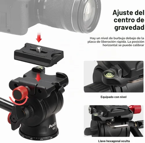 Vista 6 de Avella Cabezal de trípode con cabezal de inclinación panorámica con placa de liberación rápida tipo Arca y asa, cabezal panorámico de metal con base