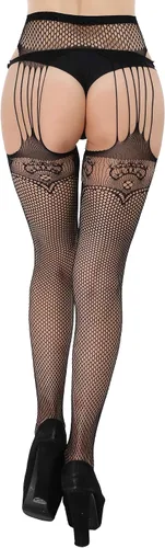 Vista 7 de Boao 4 pares de medias con tirantes de encaje para mujer, medias altas hasta el muslo, medias de red para fiesta de Halloween
